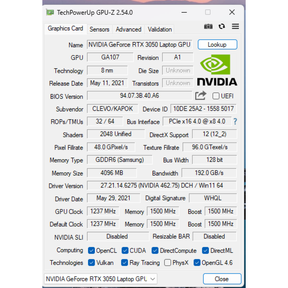 БВ ноутбук Clevo NH77HJ 17.3" FHD/IPS 144Hz / i7-11800H / 16Gb / 512Gb SSD / NVIDIA GeForce RTX 3050 (4 Gb)