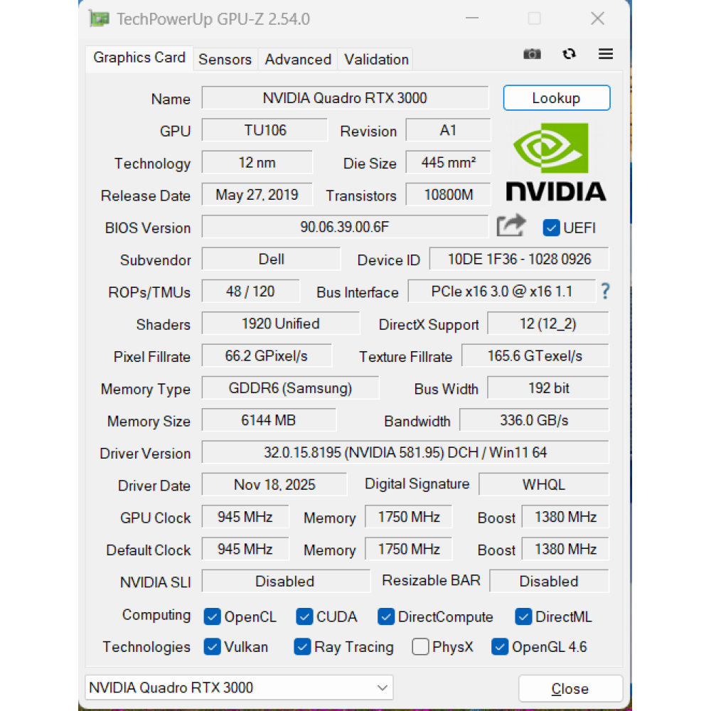 БВ ноутбук Dell Precision 7540 15.6" FHD/IPS / i7-9850H / 16Gb / 512Gb SSD / NVIDIA Quadro RTX3000 (6 Gb)